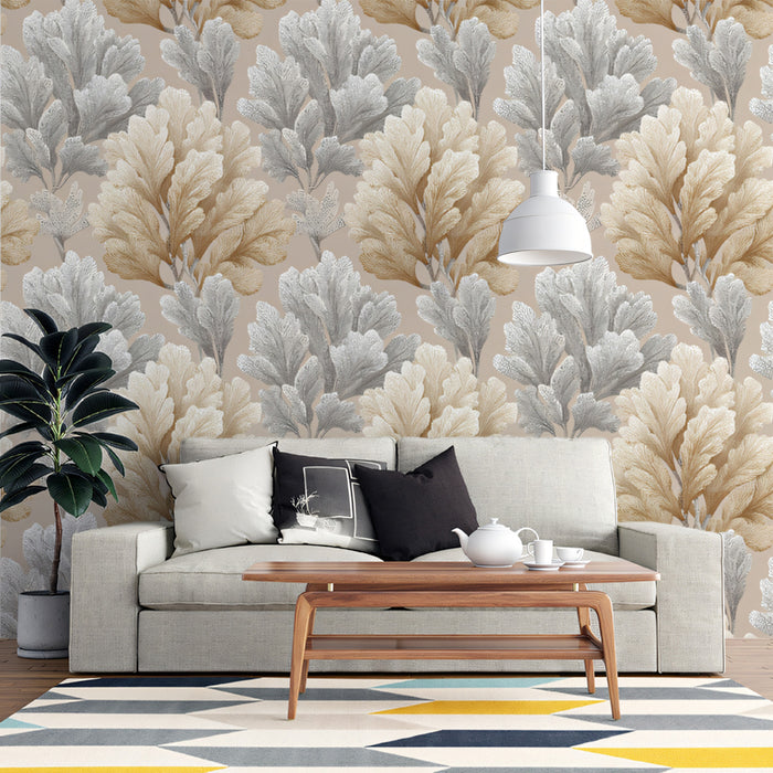 Modern Botanical Mural Wallpaper | Abstract Tan and Gray Leaves