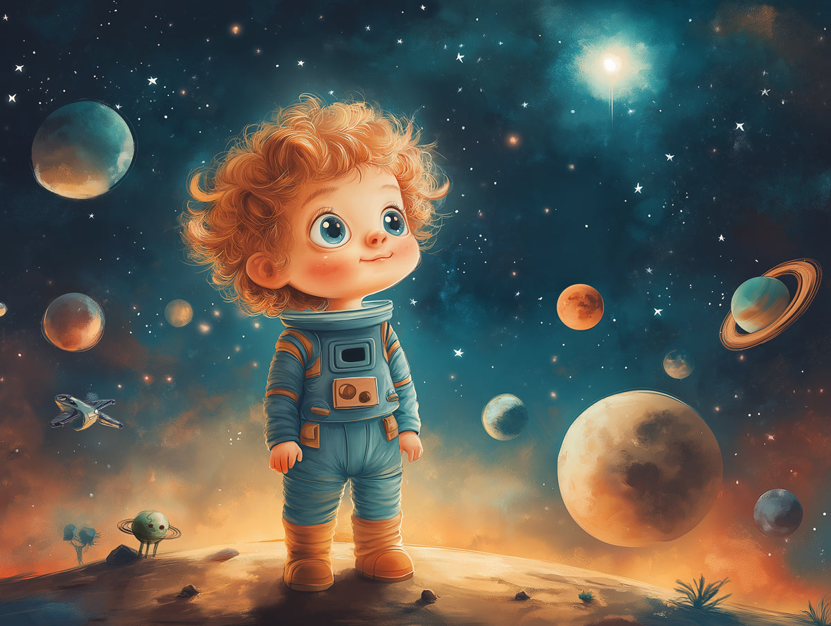 Child Astronaut in Space Wallpaper in Child's Room | Various Colors (Blue, Orange, etc.) of Child Astronaut