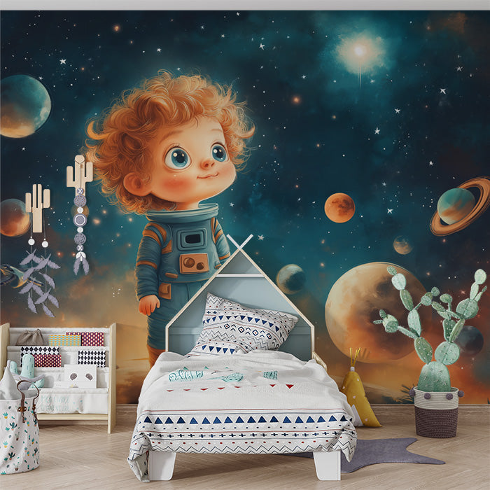 Child Astronaut in Space Wallpaper in Child's Room | Various Colors (Blue, Orange, etc.) of Child Astronaut