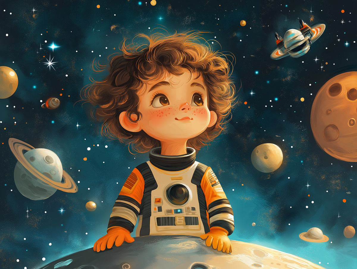 Child Astronaut in Space Wallpaper in Child's Room | Various Colors (Blue, Orange, etc.) of Child Astronaut