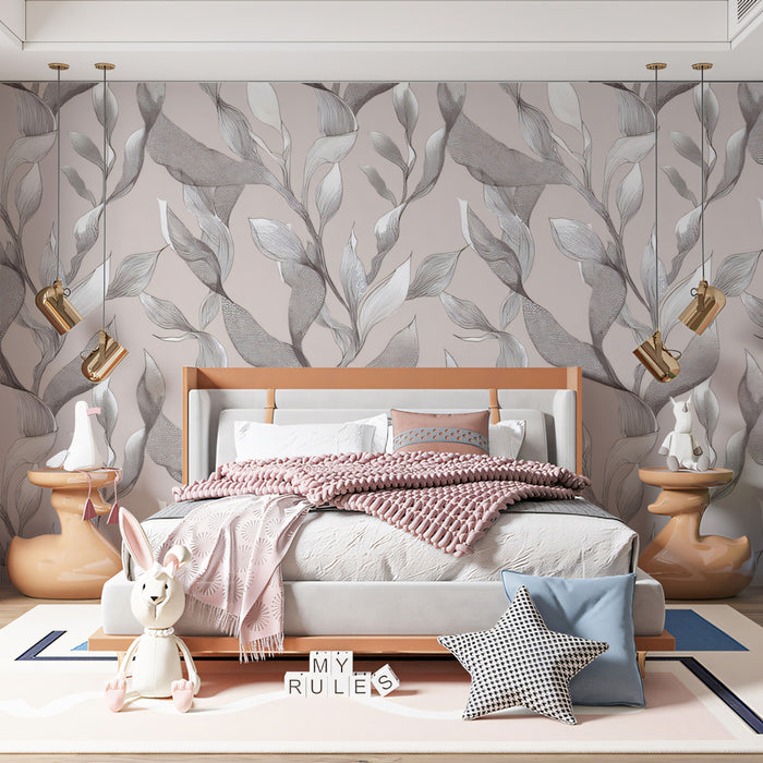 Textured Botanical Mural Wallpaper | Neutral Taupe and Gray