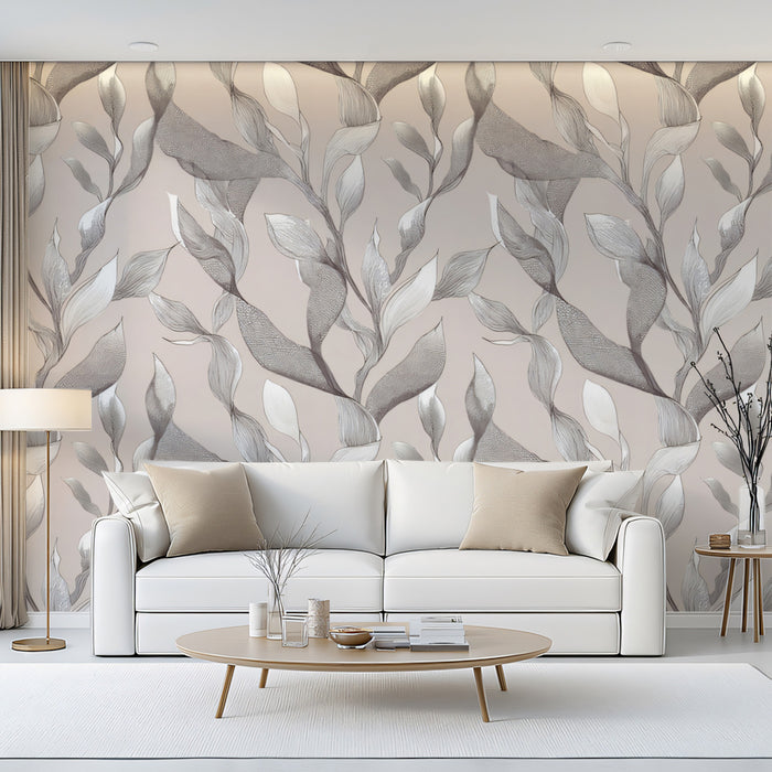 Textured Botanical Mural Wallpaper | Neutral Taupe and Gray