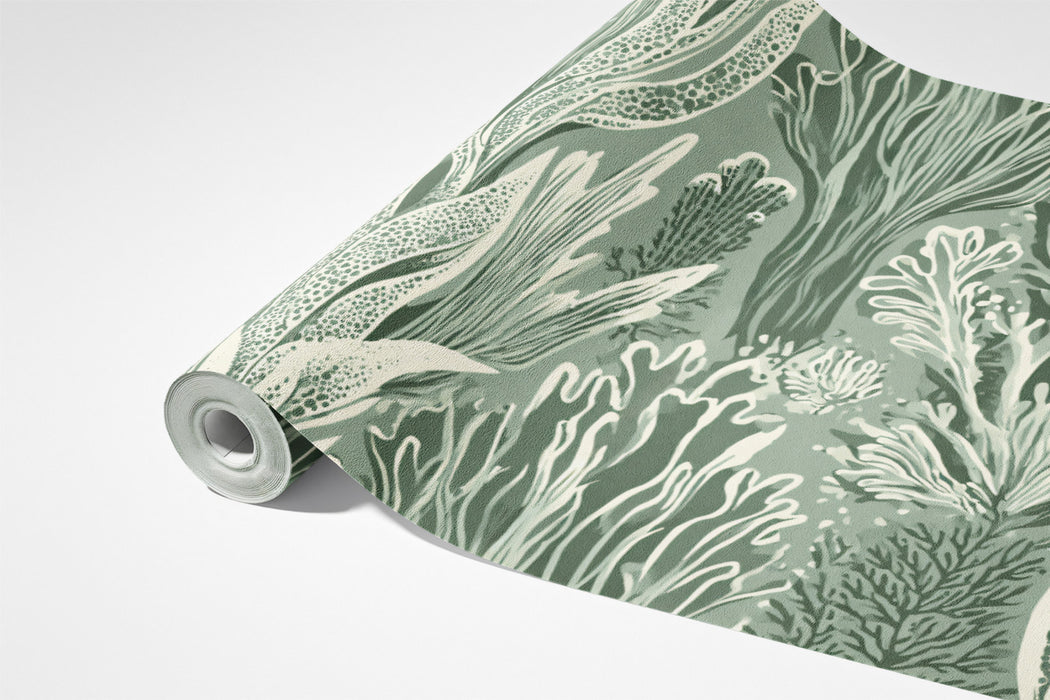 Abstract Seaweed Mural Wallpaper | Forest Green and Cream