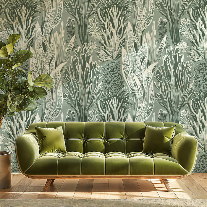 Abstract Seaweed Mural Wallpaper | Forest Green and Cream