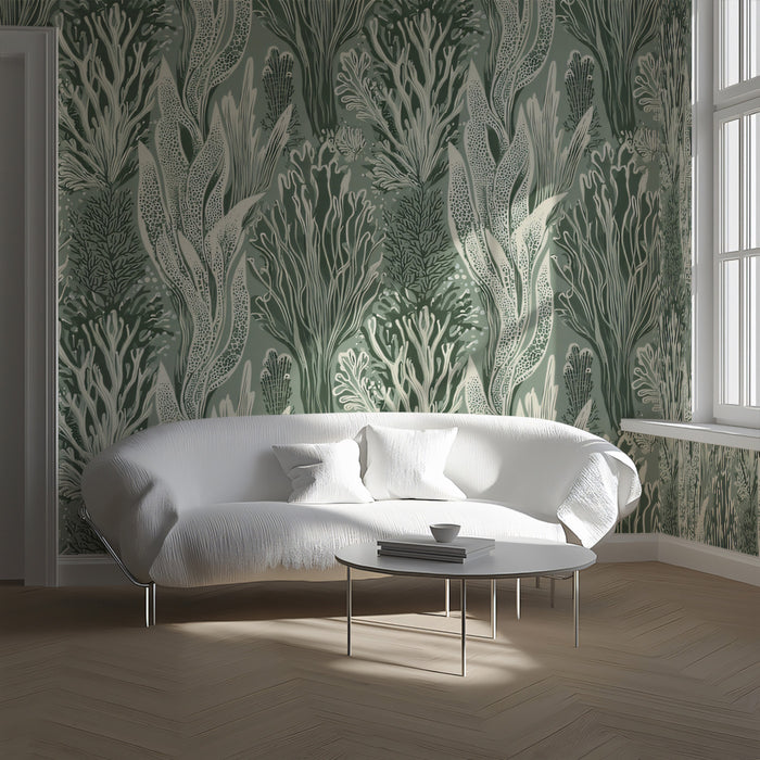 Abstract Seaweed Mural Wallpaper | Forest Green and Cream