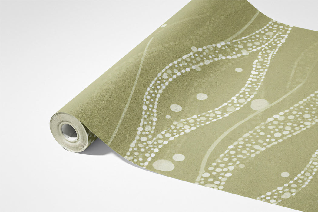 Abstract Flowing Vines Mural Wallpaper | Olive Green Dot Pattern