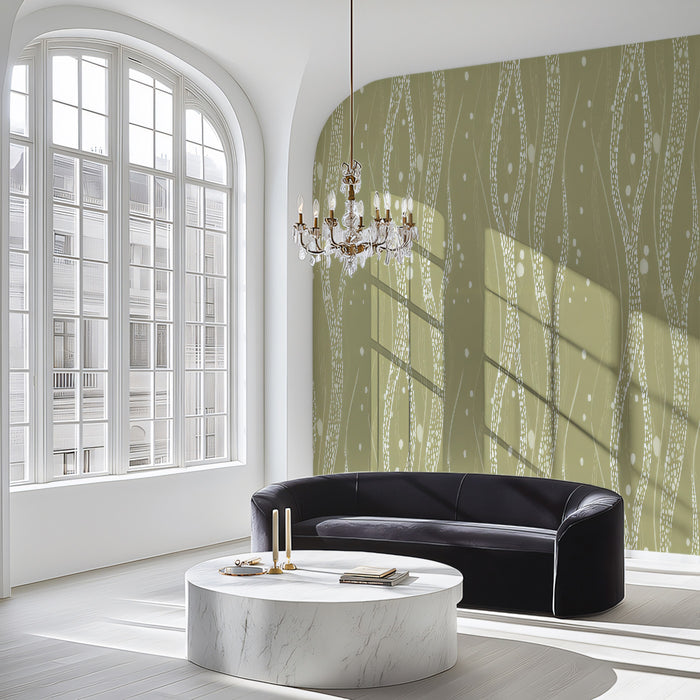 Abstract Flowing Vines Mural Wallpaper | Olive Green Dot Pattern