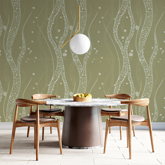 Abstract Flowing Vines Mural Wallpaper | Olive Green Dot Pattern