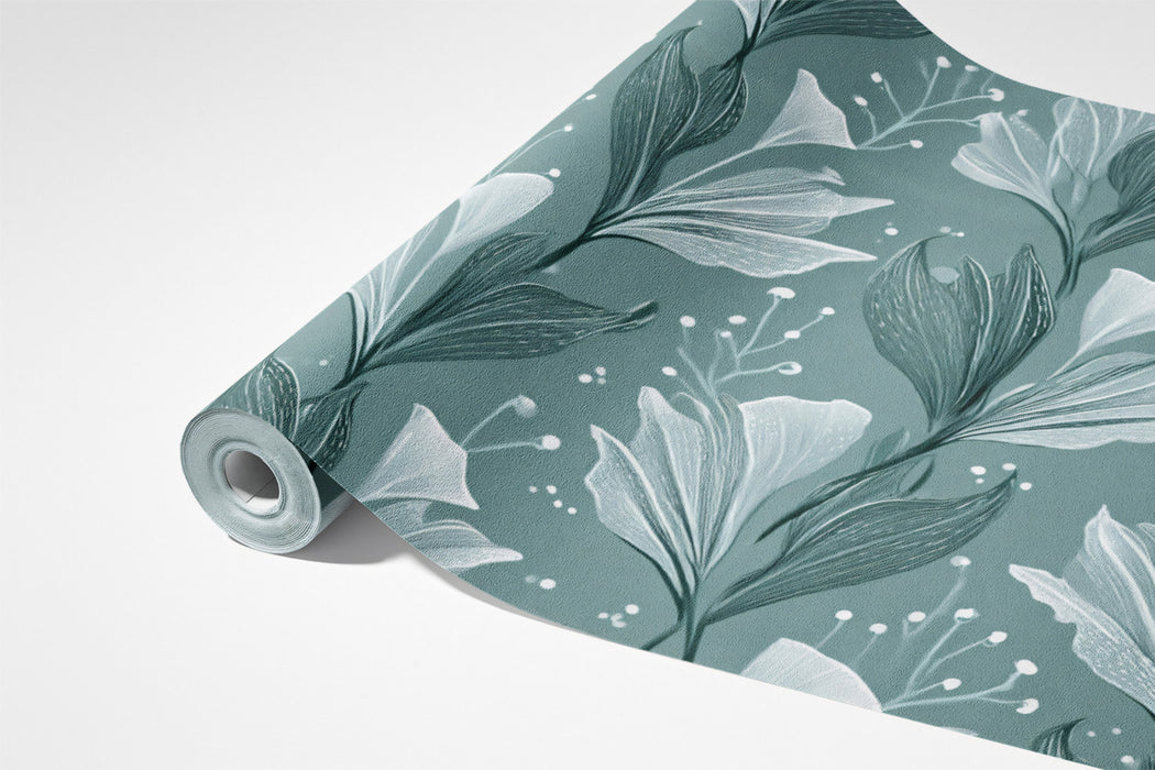 Grayscale Floral Vines Mural Wallpaper | Deep Teal and Gray