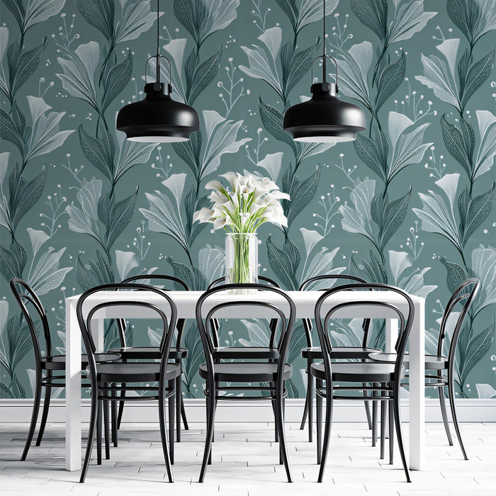 Grayscale Floral Vines Mural Wallpaper | Deep Teal and Gray