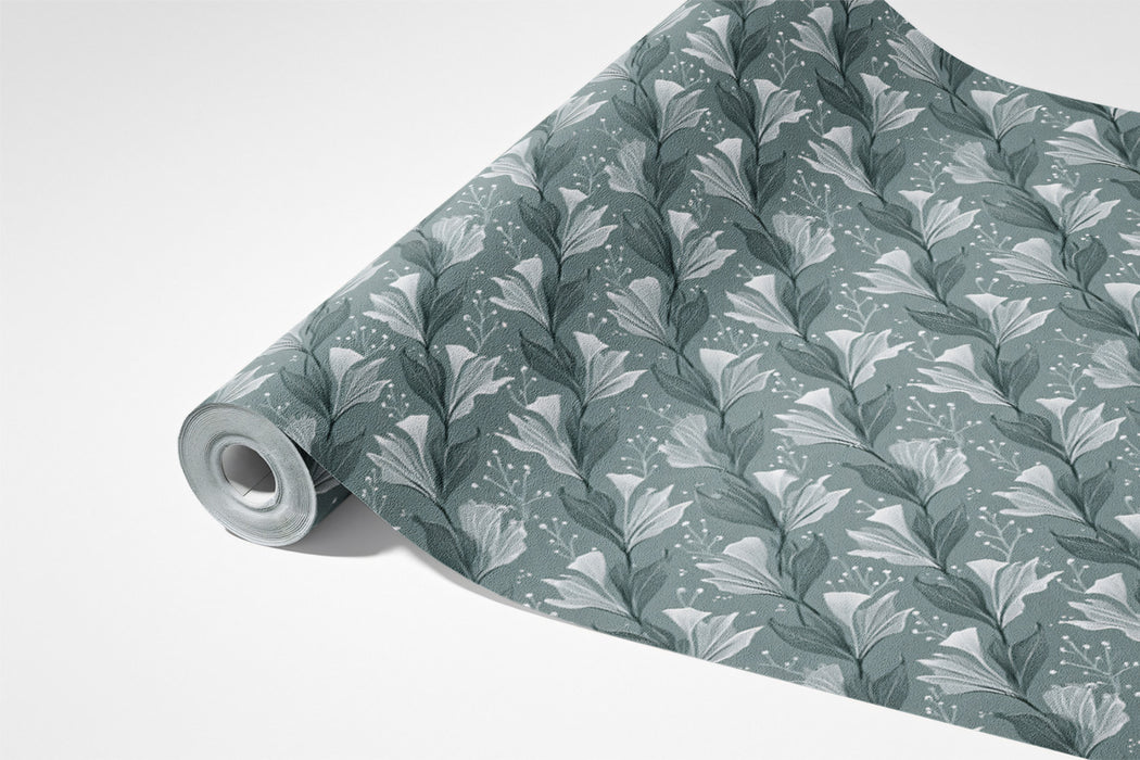 Small-Scale Diagonal Lily Wallpaper | Muted Teal and Gray