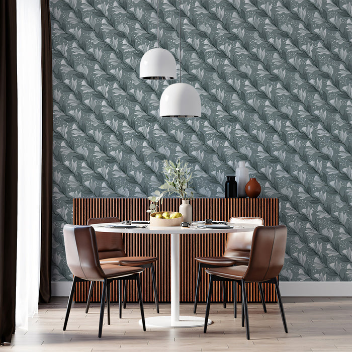 Small-Scale Diagonal Lily Wallpaper | Muted Teal and Gray