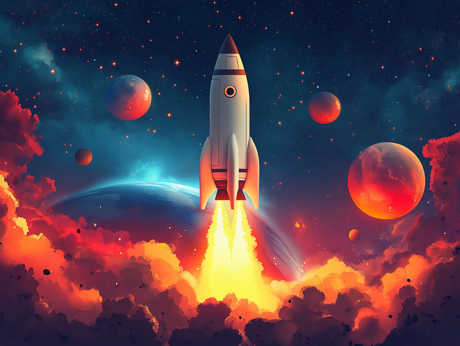 Rocket Launch Mural Wallpaper in Bedroom | Various Colors (Blue, Red, Orange, etc.) of Rocket