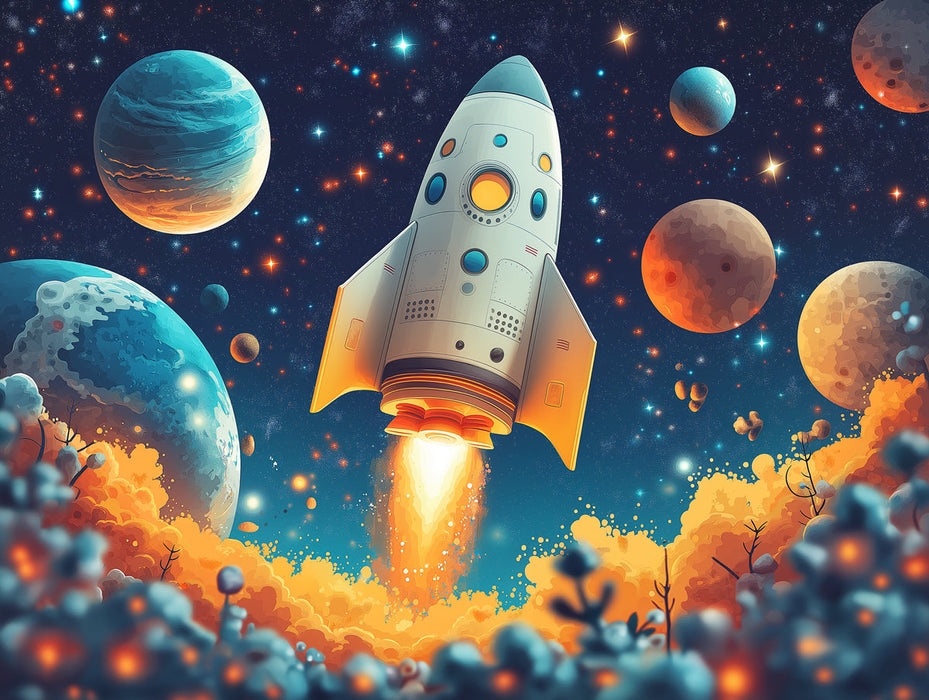 Rocket Launch Mural Wallpaper in Bedroom | Various Colors (Blue, Red, Orange, etc.) of Rocket