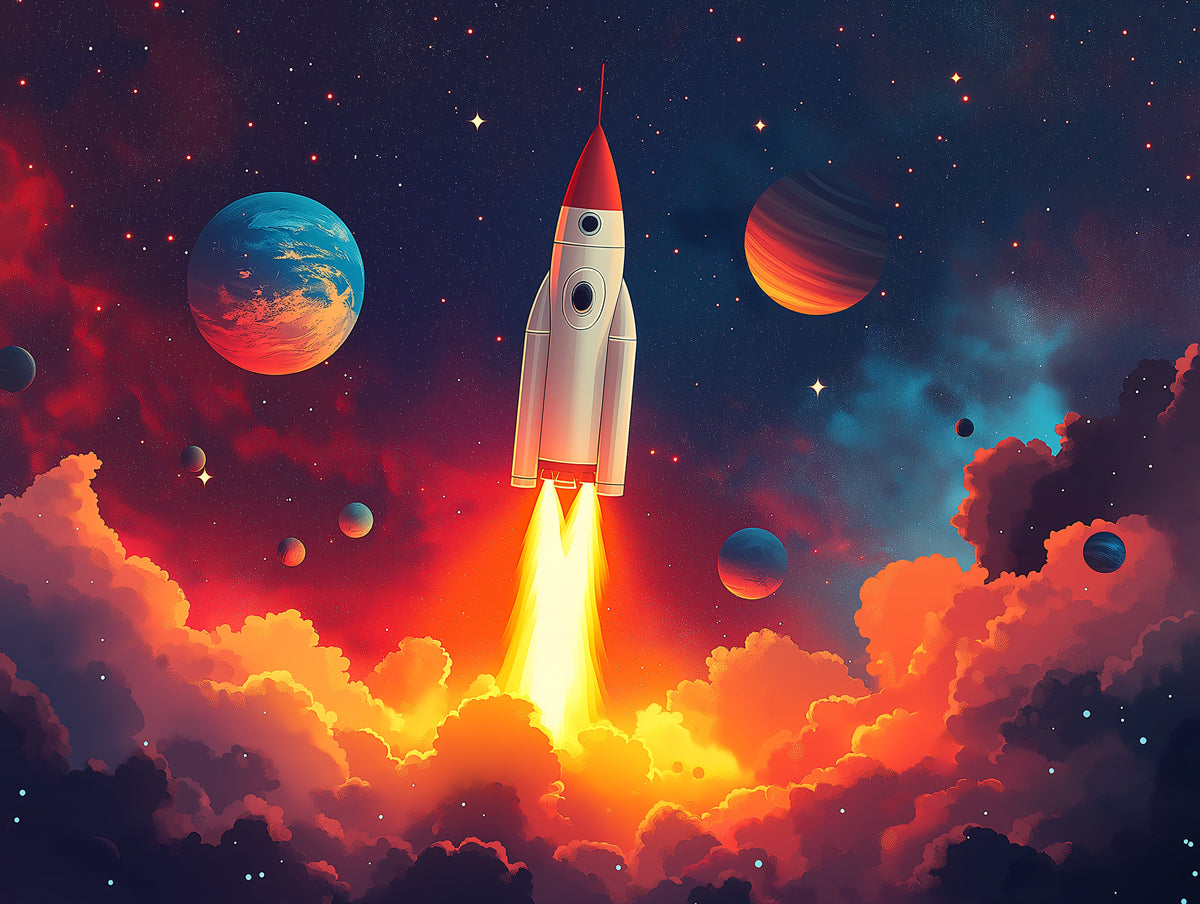 Rocket Launch Mural Wallpaper in Bedroom | Various Colors (Blue, Red, Orange, etc.) of Rocket