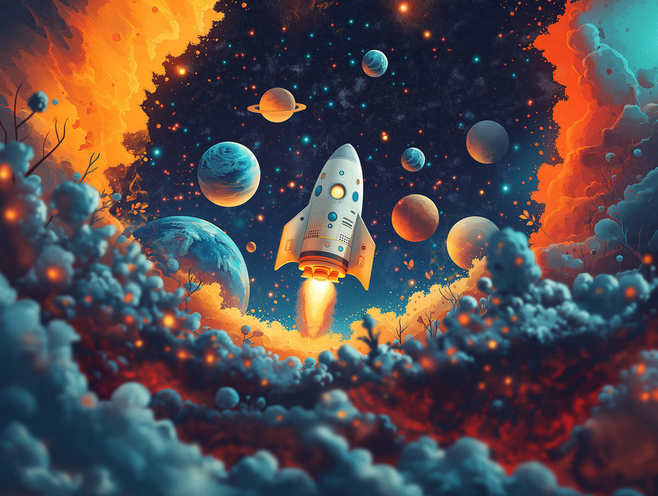 Rocket Launch Mural Wallpaper in Bedroom | Various Colors (Blue, Red, Orange, etc.) of Rocket