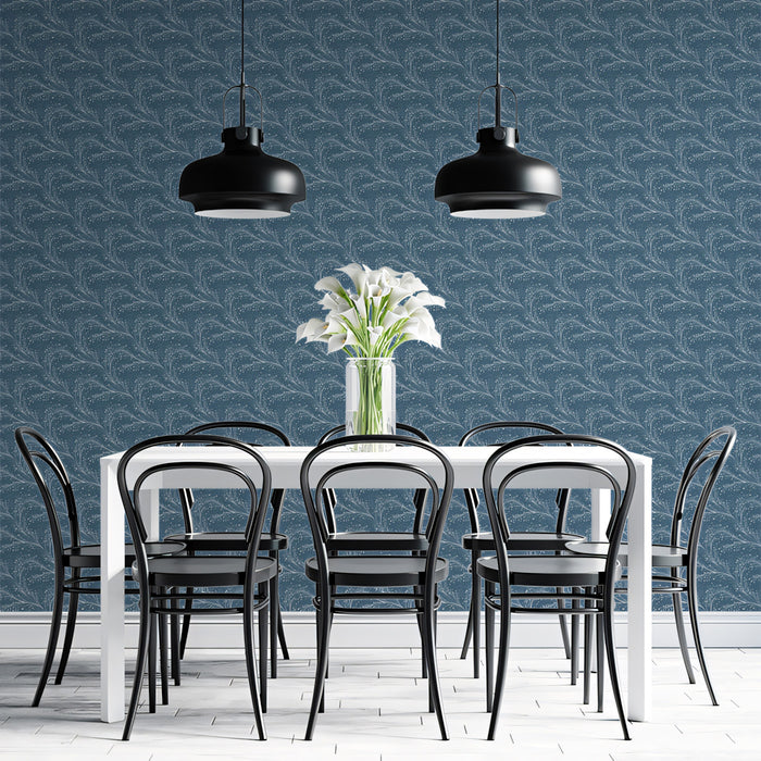 Fine Feathered Leaf Wallpaper | Deep Dusty Blue, Small-Scale, Subtle Texture