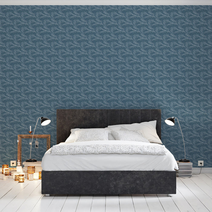 Fine Feathered Leaf Wallpaper | Deep Dusty Blue, Small-Scale, Subtle Texture