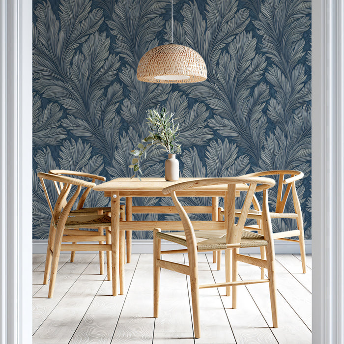 Moody Fern Frond Mural Wallpaper | Deep Indigo, Textured, Large-Scale Repeat