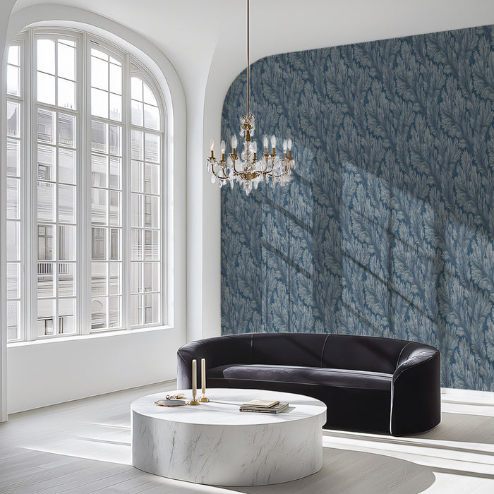 Diagonal Fern Frond Wallpaper | Deep Blue, Small-Scale, High-Density Texture