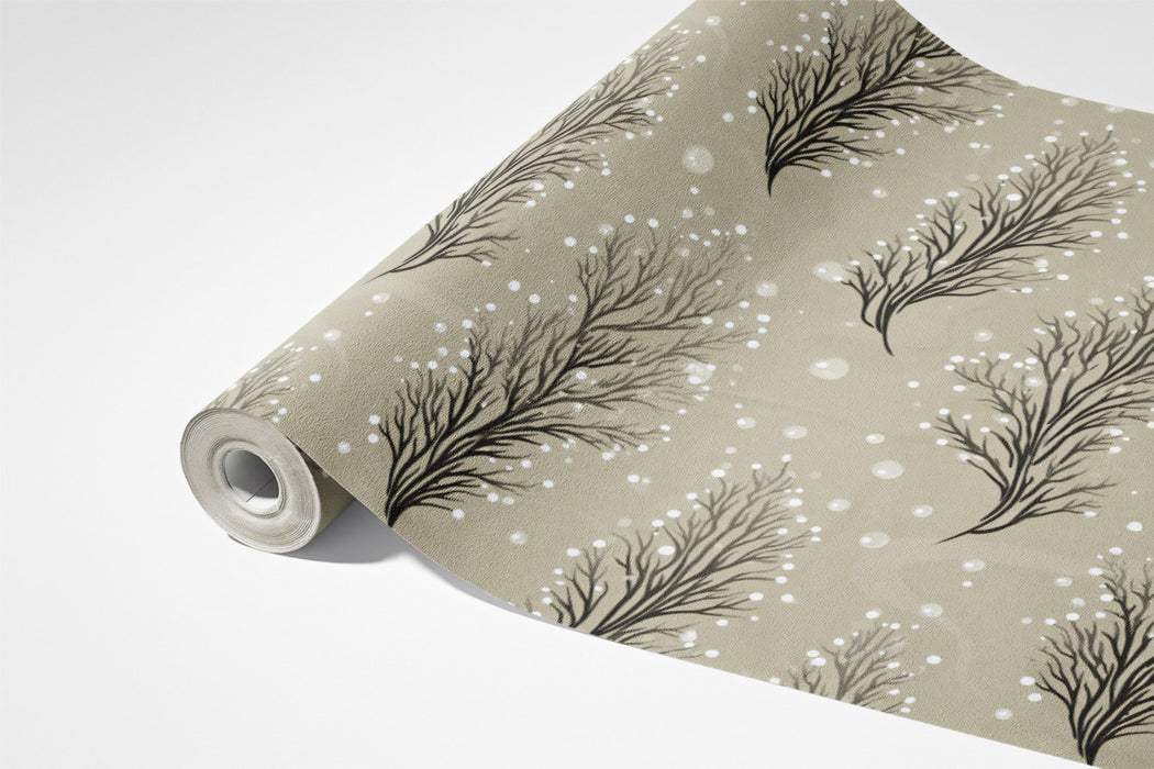 Winter Branch Mural Wallpaper | Dusty Taupe, Frosted Effect, Vertical Grain