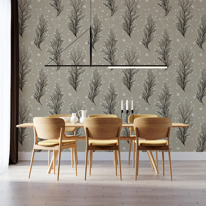 Winter Branch Mural Wallpaper | Dusty Taupe, Frosted Effect, Vertical Grain
