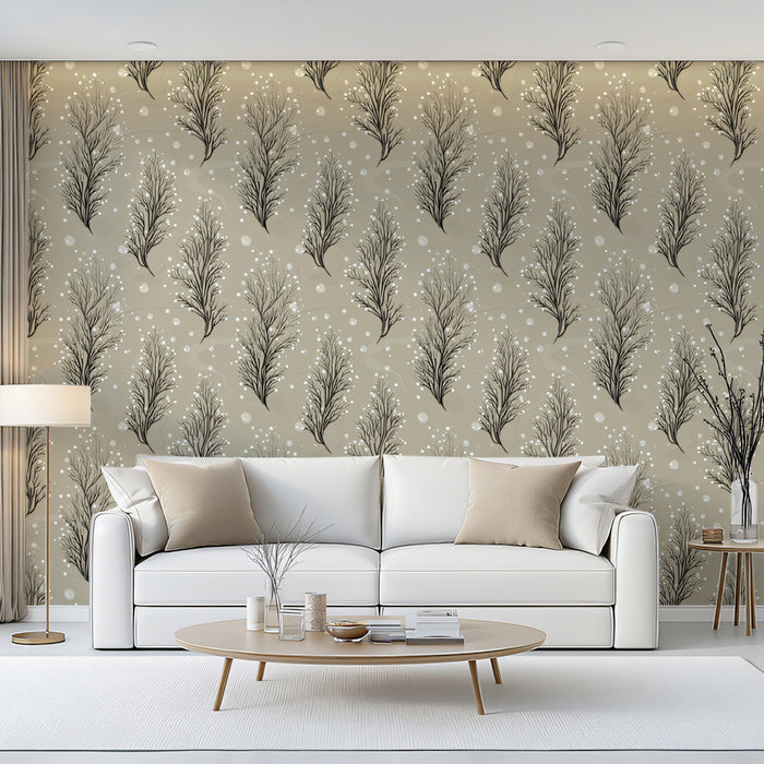 Winter Branch Mural Wallpaper | Dusty Taupe, Frosted Effect, Vertical Grain