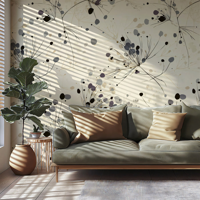 Modern Dandelion Seed Head Wallpaper | Abstract, Off-White, Dark Ink Splatters