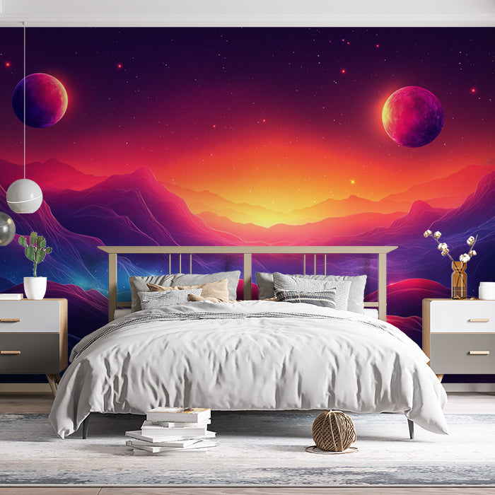 Alien Planet Mural Wallpaper in Bedroom | Various Colors (Purple, Orange, Yellow, etc.) of Alien Planet