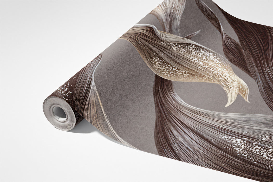 Luxury Wavy Leaf Mural Wallpaper | Mocha Brown, Glimmering Texture, Modern Flow