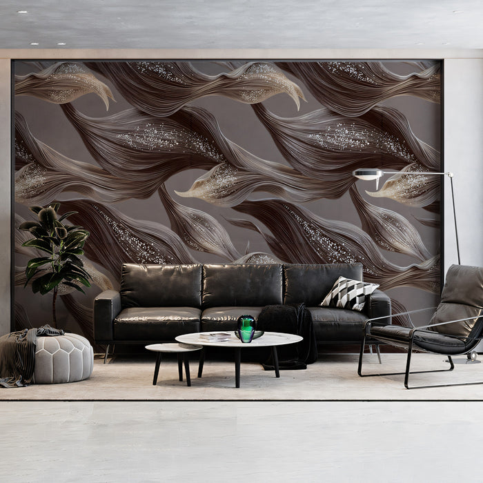 Luxury Wavy Leaf Mural Wallpaper | Mocha Brown, Glimmering Texture, Modern Flow