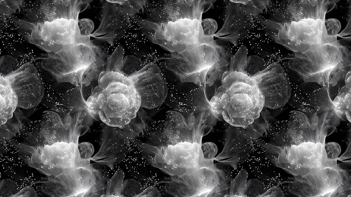 Black & White Fiber Optic Bloom Mural | High-Contrast, Abstract Floral, Futuristic Art