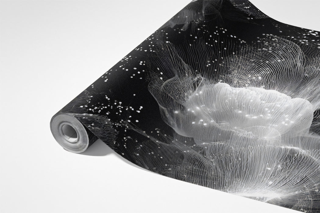 Black & White Fiber Optic Bloom Mural | High-Contrast, Abstract Floral, Futuristic Art