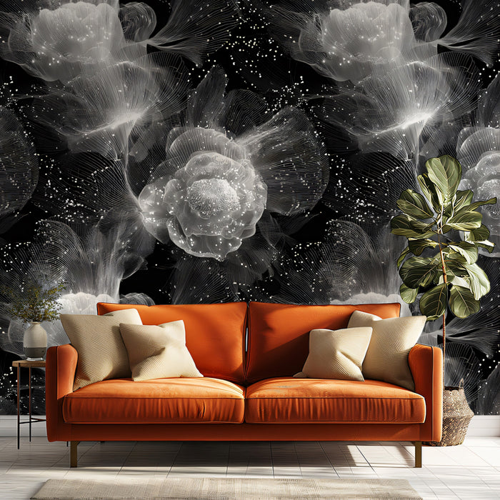 Black & White Fiber Optic Bloom Mural | High-Contrast, Abstract Floral, Futuristic Art