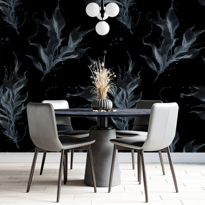 Dark Seaweed Mural Wallpaper | Dot Texture, Mysterious, Black and Charcoal Gray