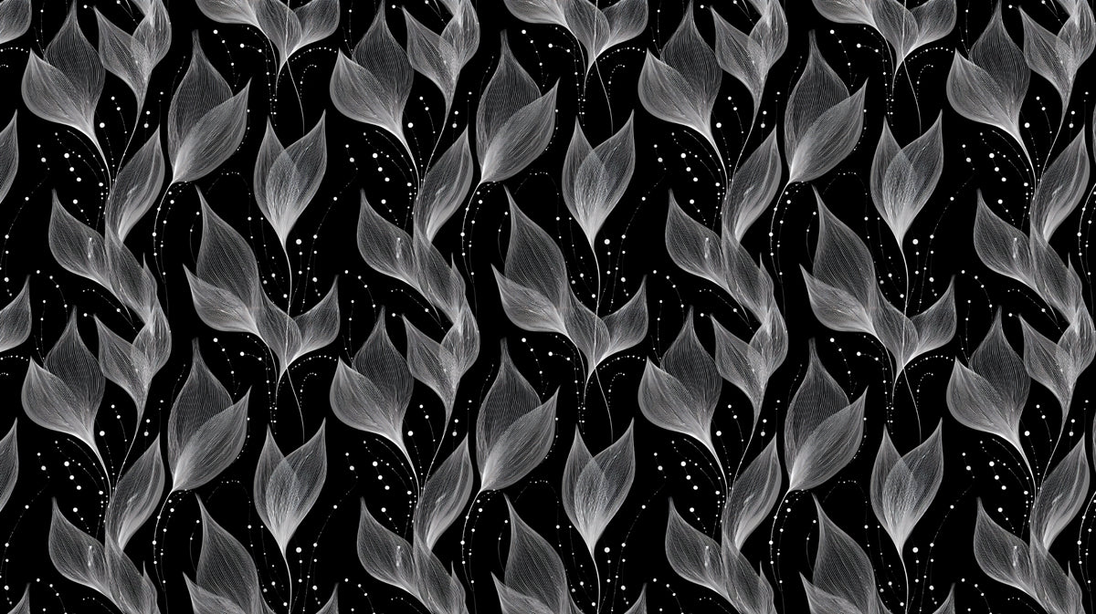 Monochrome Botanical Flow Mural | Black Background, Sheer Leaves, Dynamic Movement