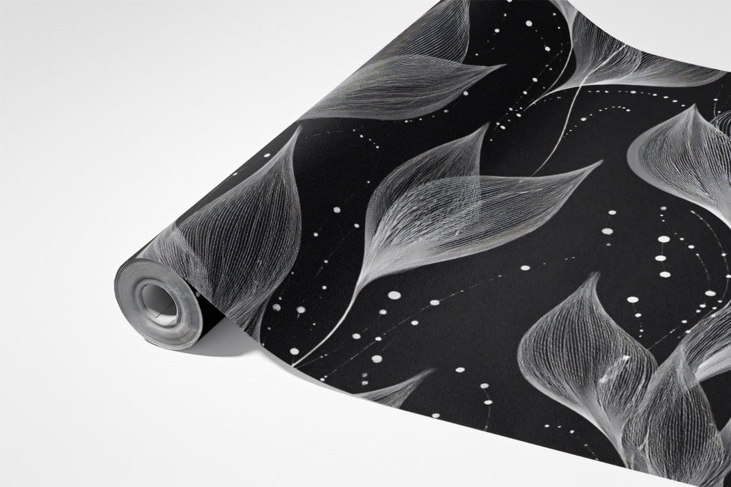Monochrome Botanical Flow Mural | Black Background, Sheer Leaves, Dynamic Movement