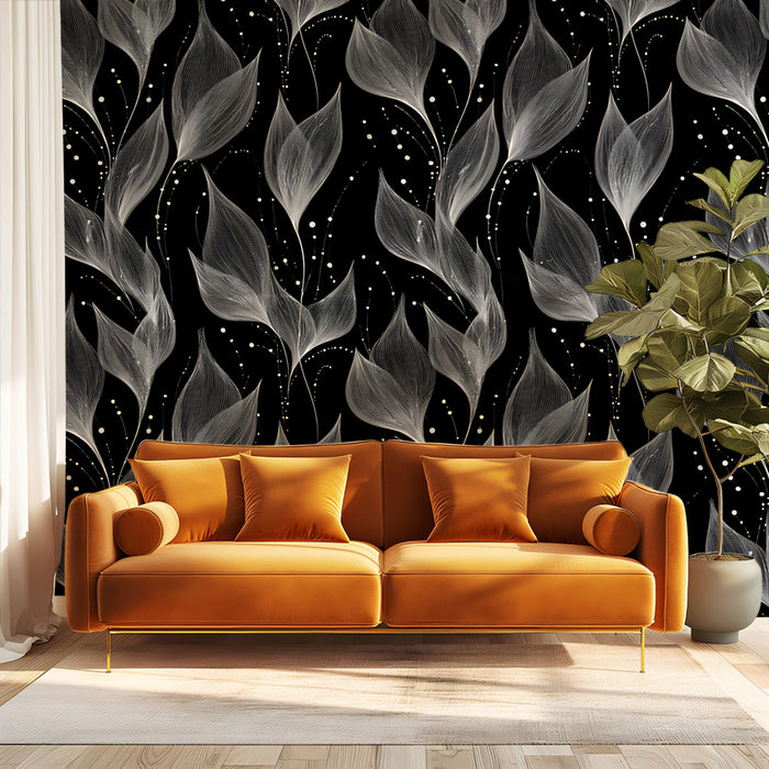 Monochrome Botanical Flow Mural | Black Background, Sheer Leaves, Dynamic Movement