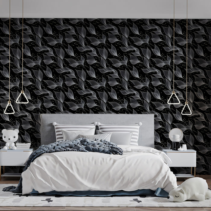 Micro Sheer Leaf Texture Wallpaper | Black and White, Diagonal, Intricate Pattern