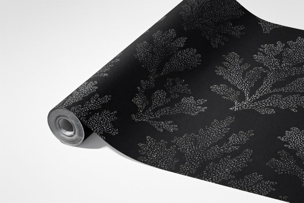 Moody Coral Damask Wallpaper | Black-on-Black, Stippled Texture, Gothic Glamour
