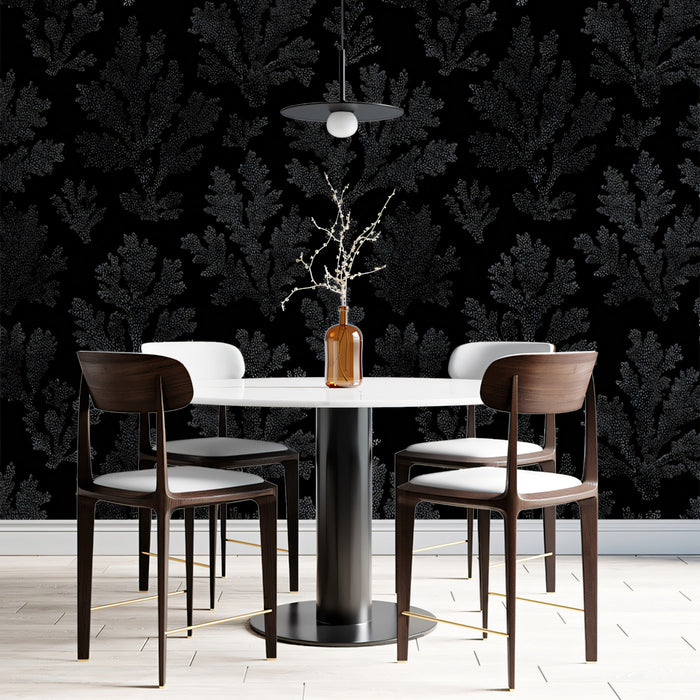Moody Coral Damask Wallpaper | Black-on-Black, Stippled Texture, Gothic Glamour