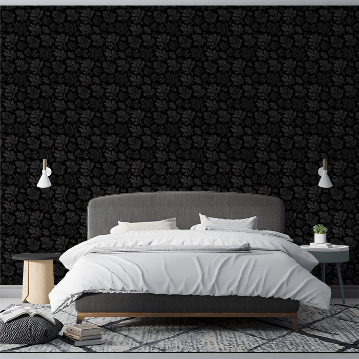 Tonal Black Floral Texture Wallpaper | Micro Damask, Subtle, High-Density Repeat