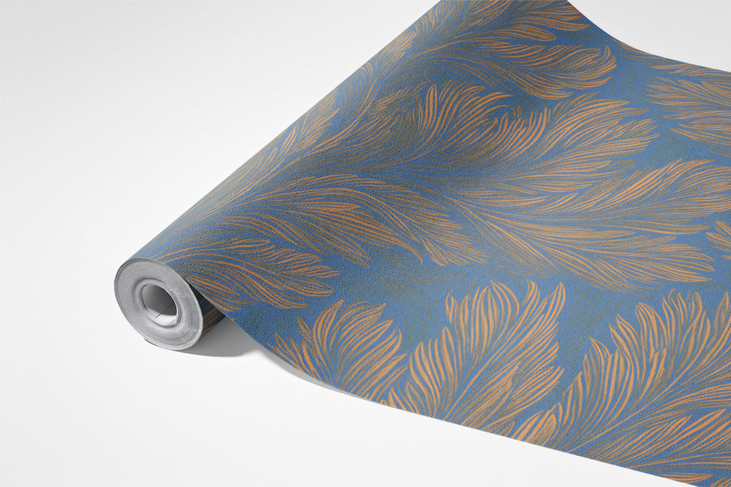 Contrast Feathered Leaf Mural | Blue & Gold, Hand-Painted Texture, Vertical Movement