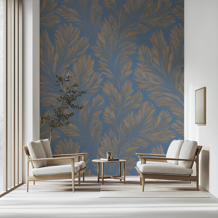 Contrast Feathered Leaf Mural | Blue & Gold, Hand-Painted Texture, Vertical Movement