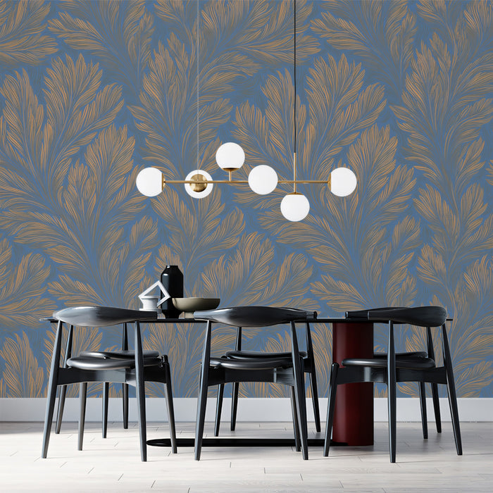 Contrast Feathered Leaf Mural | Blue & Gold, Hand-Painted Texture, Vertical Movement