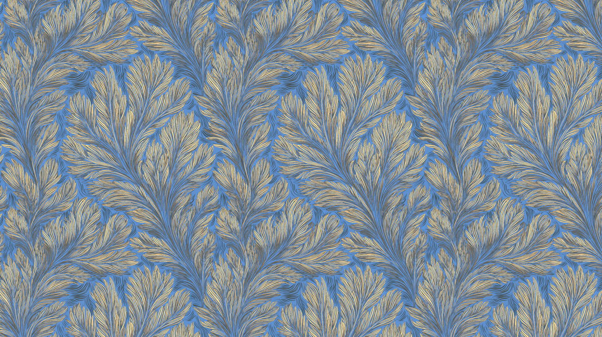 Rich Feathered Leaf Mural | Blue & Taupe-Gold, Painterly Texture, Classic Style