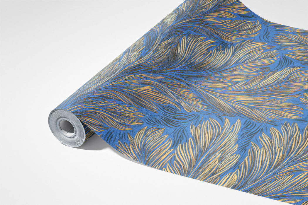 Rich Feathered Leaf Mural | Blue & Taupe-Gold, Painterly Texture, Classic Style