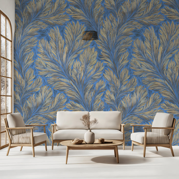 Rich Feathered Leaf Mural | Blue & Taupe-Gold, Painterly Texture, Classic Style