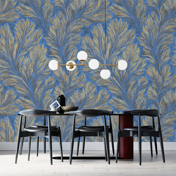 Rich Feathered Leaf Mural | Blue & Taupe-Gold, Painterly Texture, Classic Style