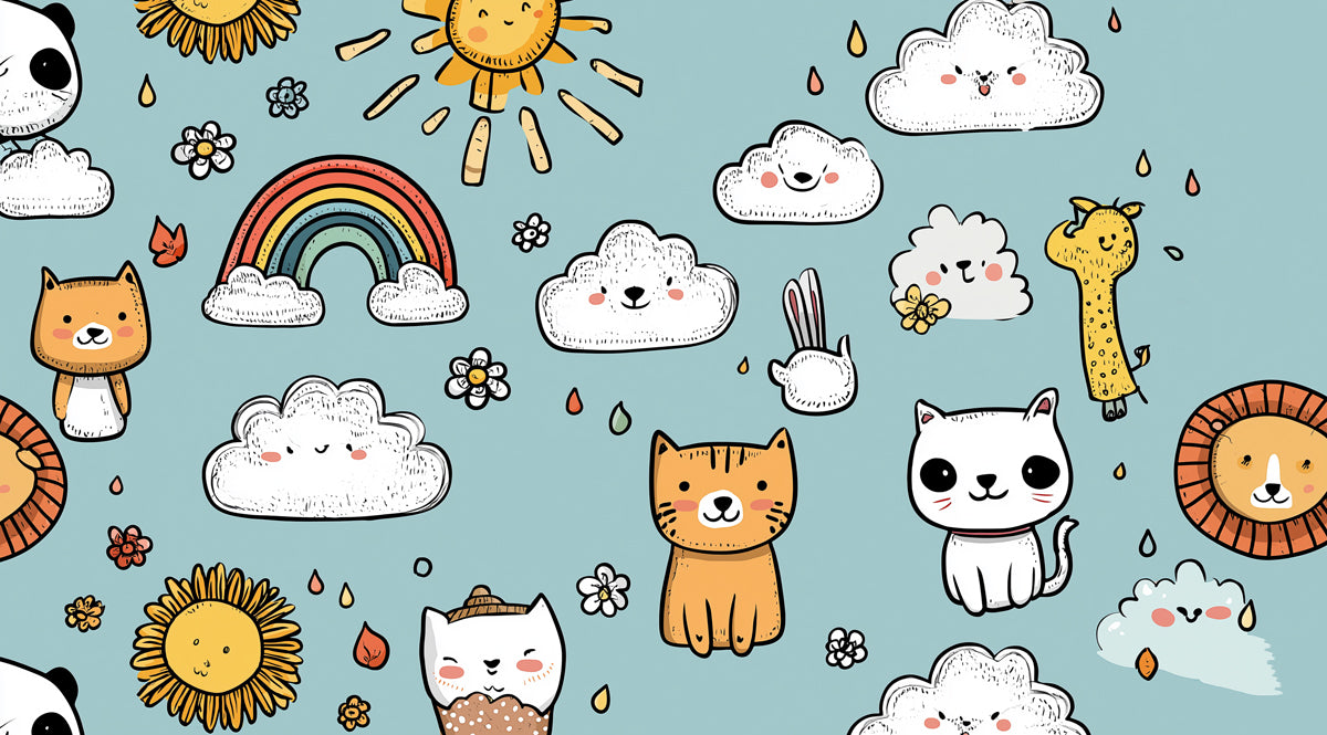 Doodle Animal Cloud Wallpaper | Hand-Drawn, Kawaii, Light Blue Nursery Print